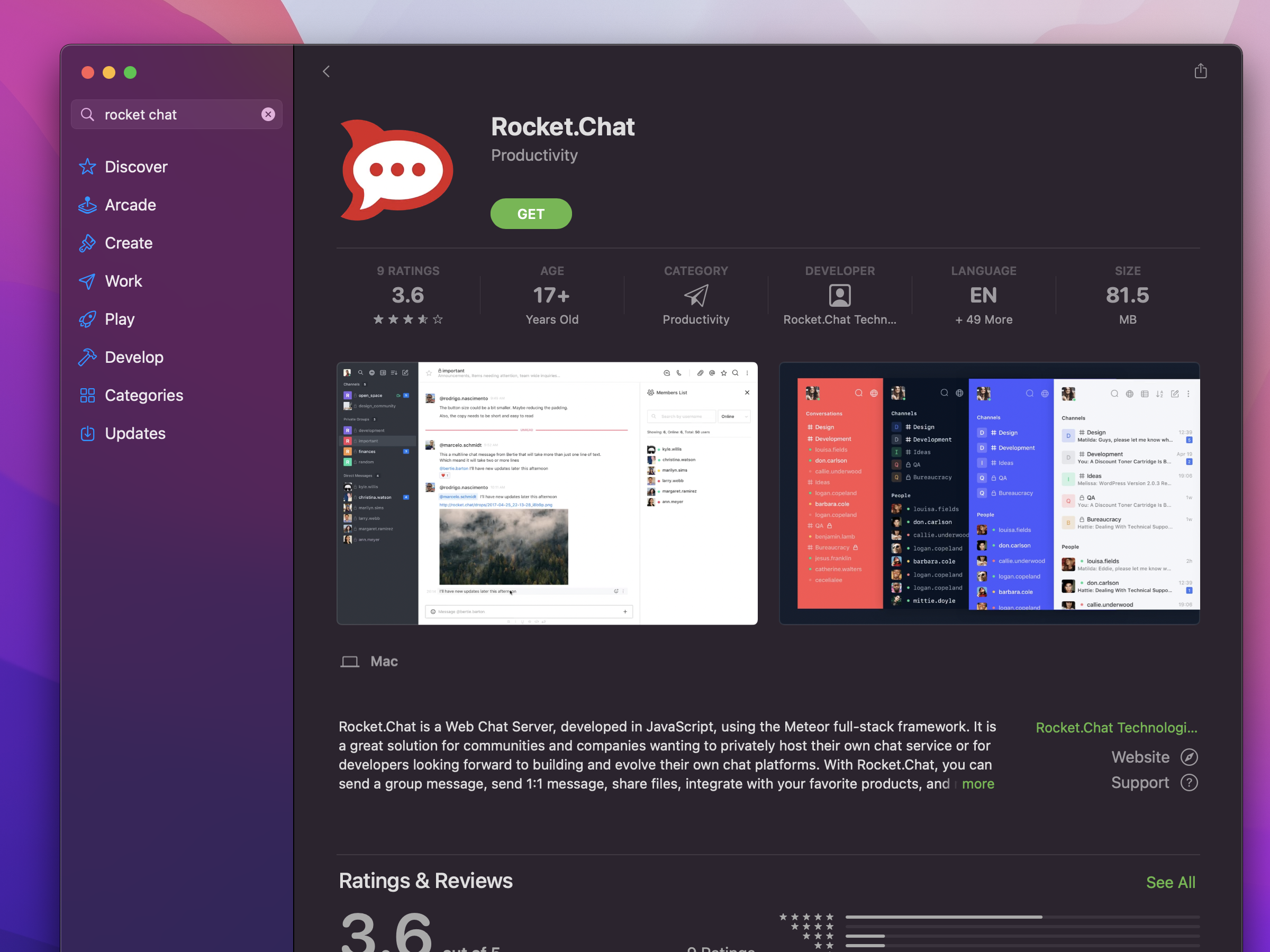 Mac App Store window open to the Rocket.Chat download page.