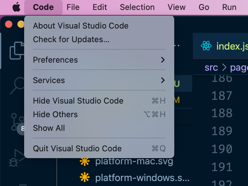 macOS operating system menu for VSCode.
              'Code' menu item is selected, and its submenu has items 'About Visual Studio Code',
              'Check for Updates...', 'Preferences', 'Services', 'Hide Visual Studio Code',
              'Hide Others', 'Show All', 'Quit Visual Studio Code'.