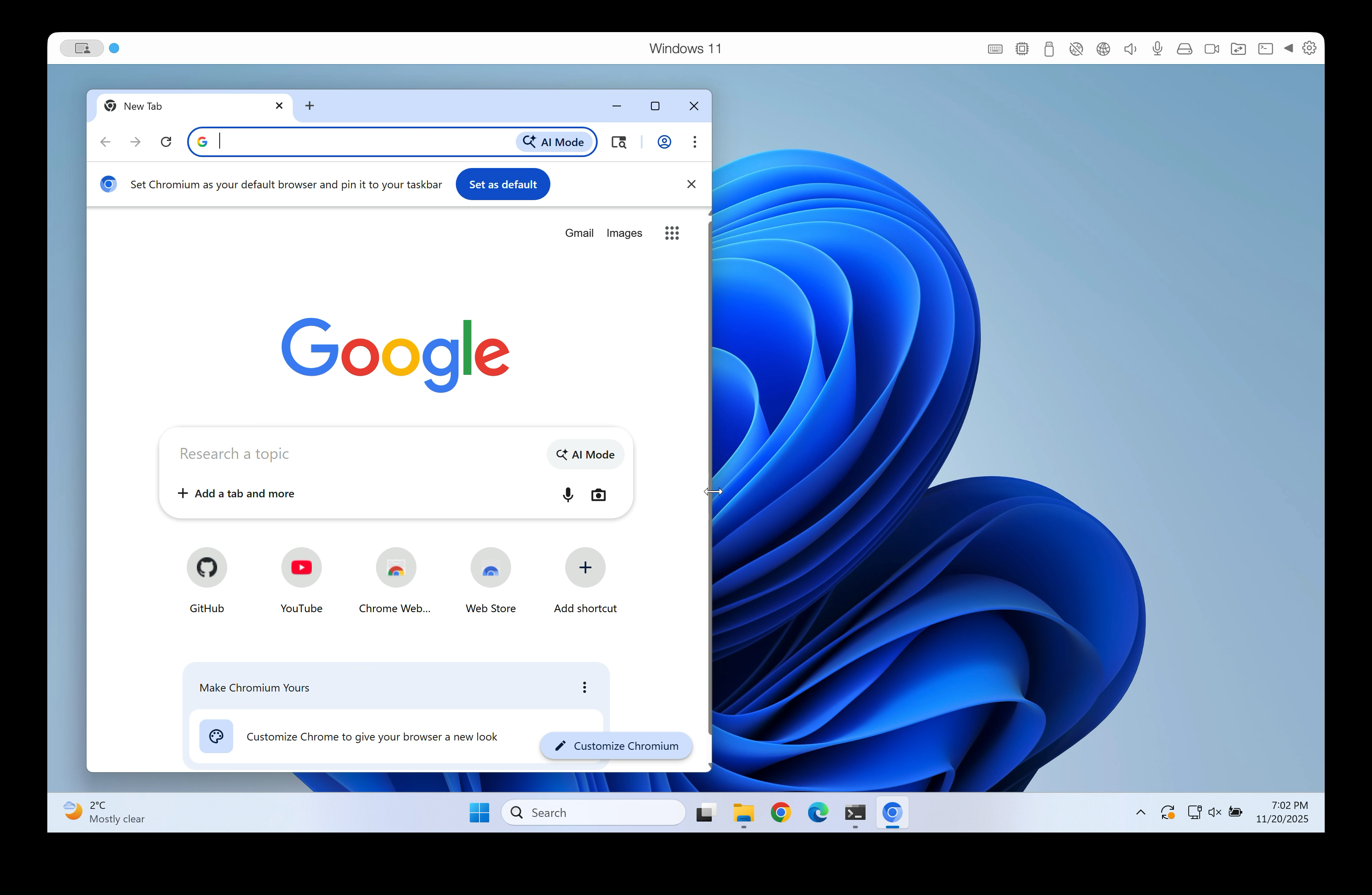 Chromium サイズ変更の時系列の 1 番目のフレーム